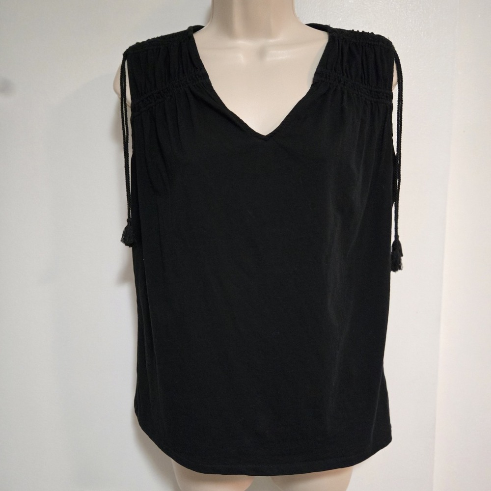Lauren Ralph Lauren‎ Size M Black Sleeveless Blouse V-Neck Tassels Cotton Shirt